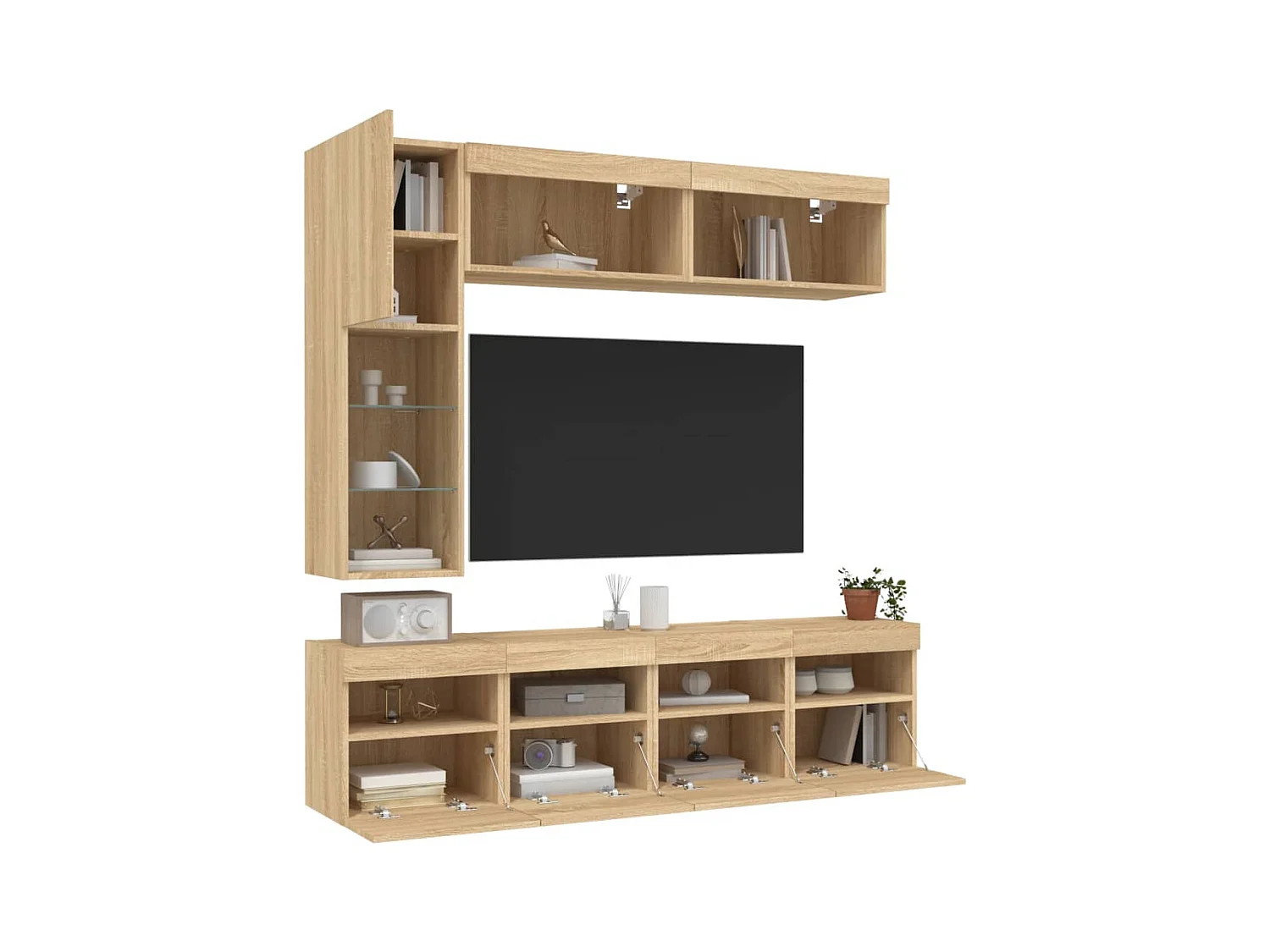 Set Mobili TV a Muro 7 pz con Luci LED Rovere Sonoma