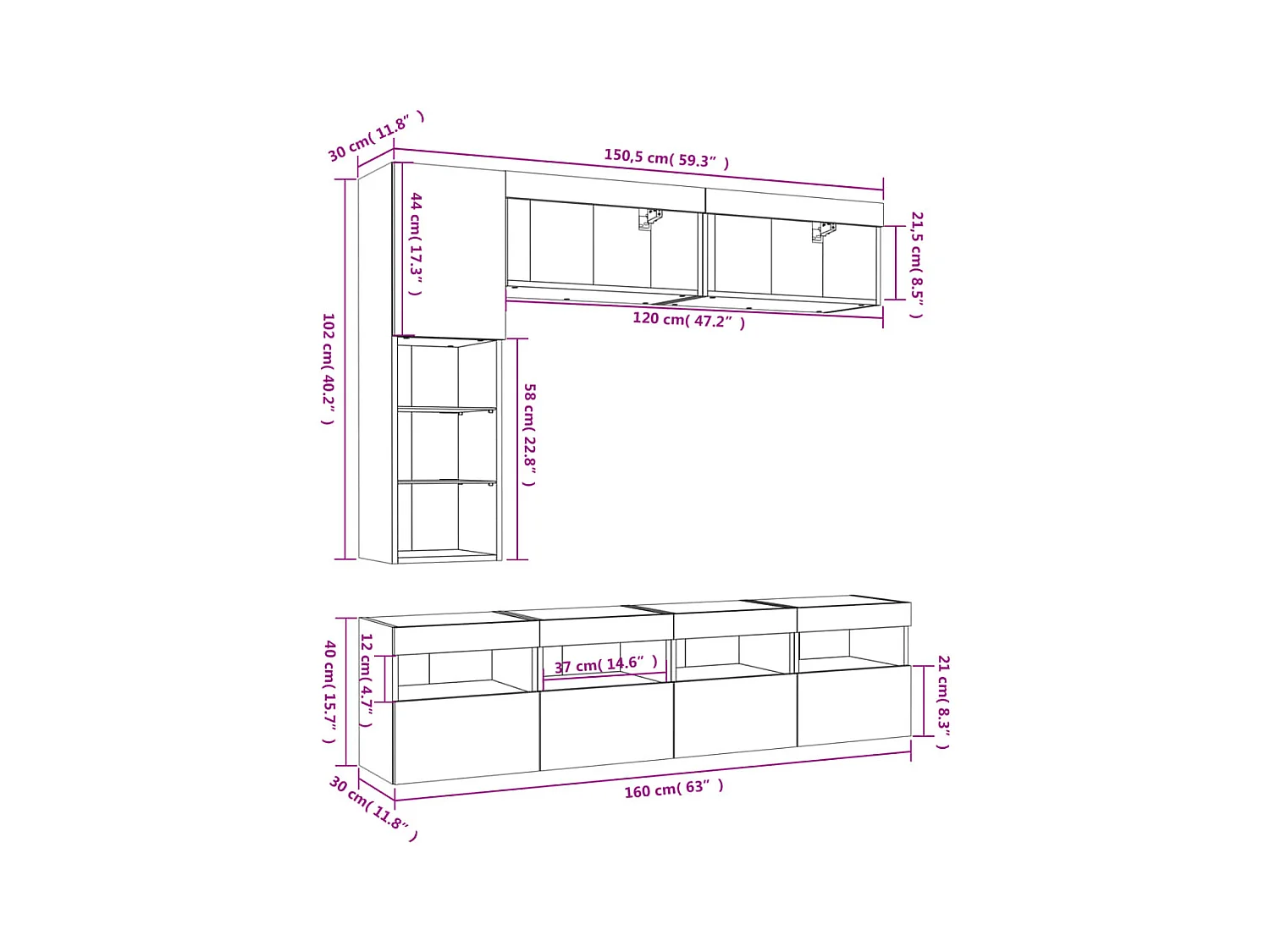 Set Mobili TV a Muro 7 pz con Luci LED Rovere Sonoma