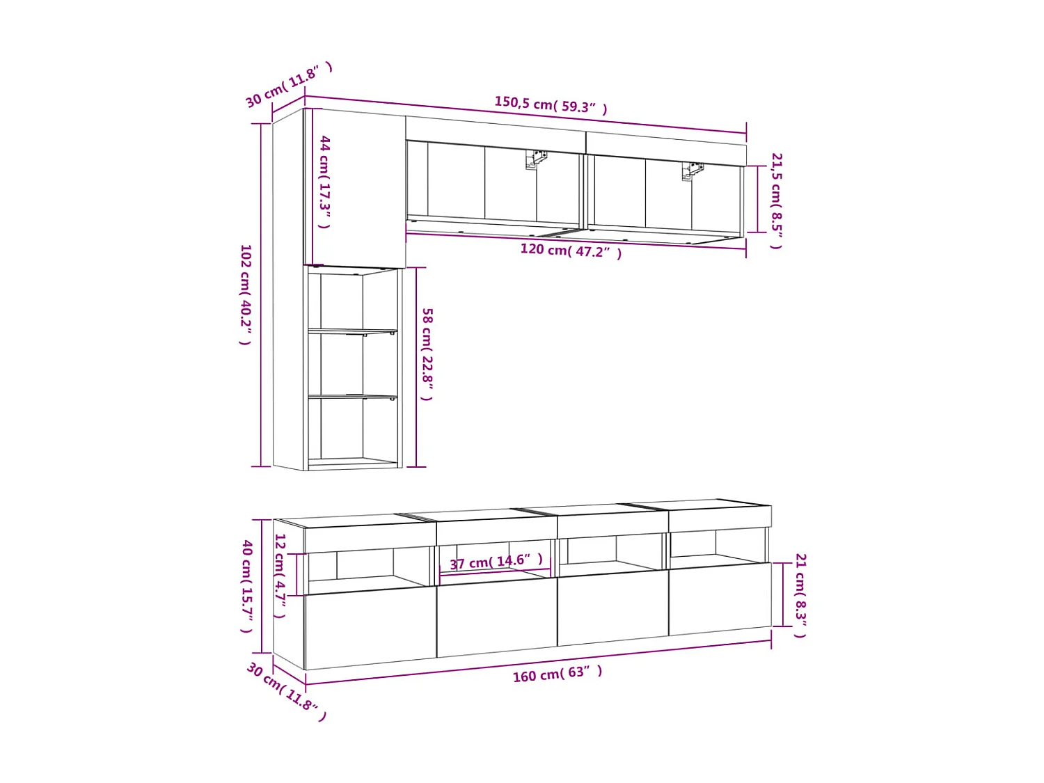 Ensemble de meubles TV muraux 7pcs et lumières LED chêne sonoma