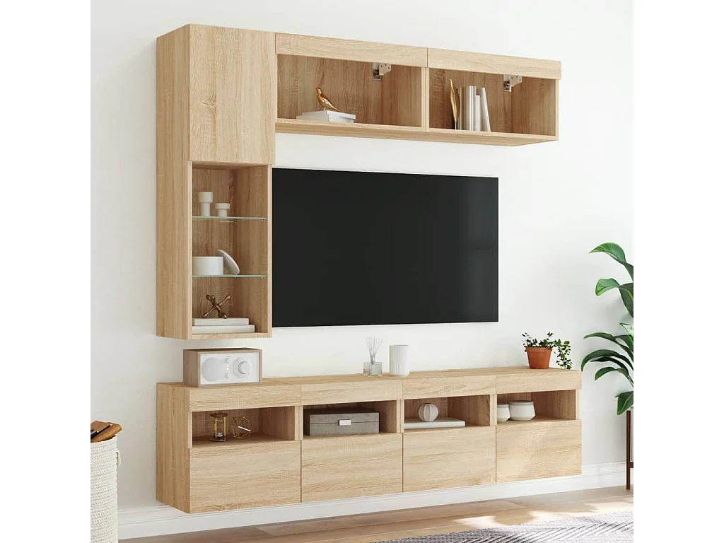 Ensemble de meubles TV muraux 7pcs et lumières LED chêne sonoma
