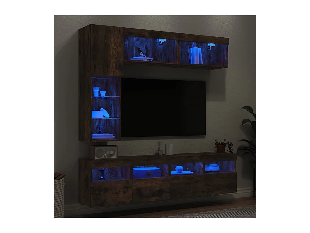 Ensemble de meubles TV muraux 7 pcs et lumières LED chêne fumé