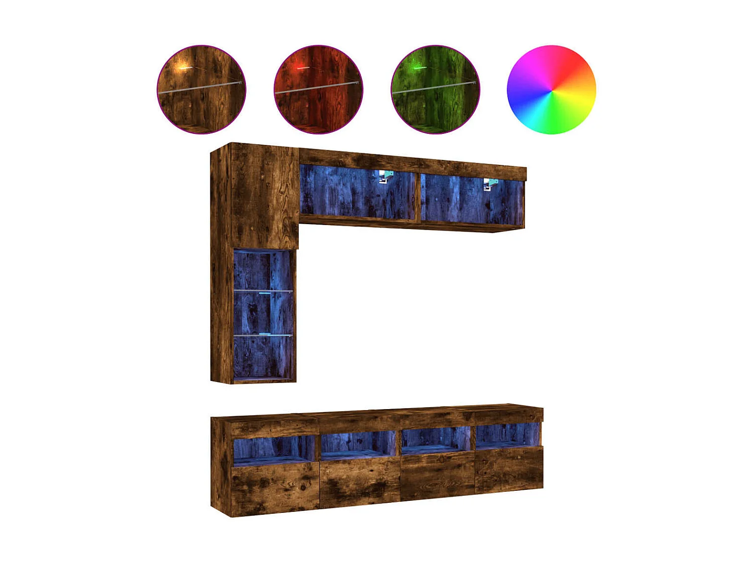 Ensemble de meubles TV muraux 7 pcs et lumières LED chêne fumé