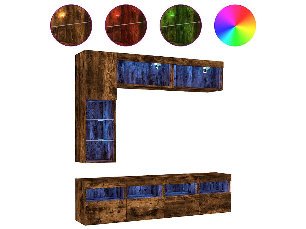 Ensemble de meubles TV muraux 7 pcs et lumières LED chêne fumé