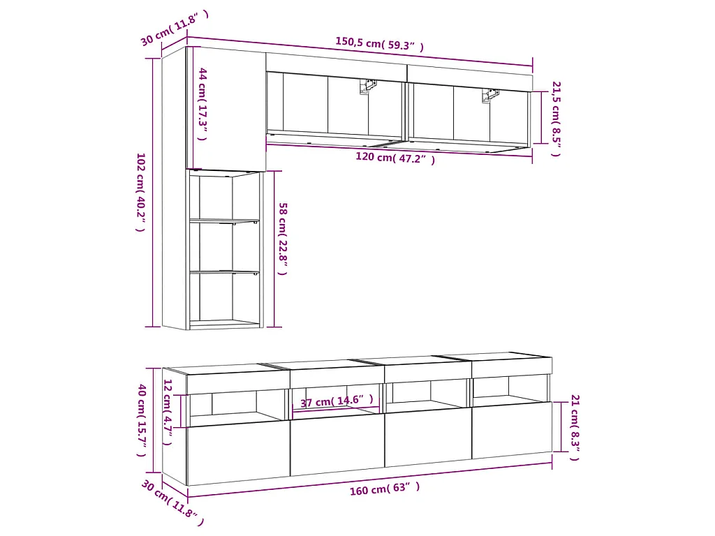 Ensemble de meubles TV muraux 7 pcs et lumières LED chêne fumé