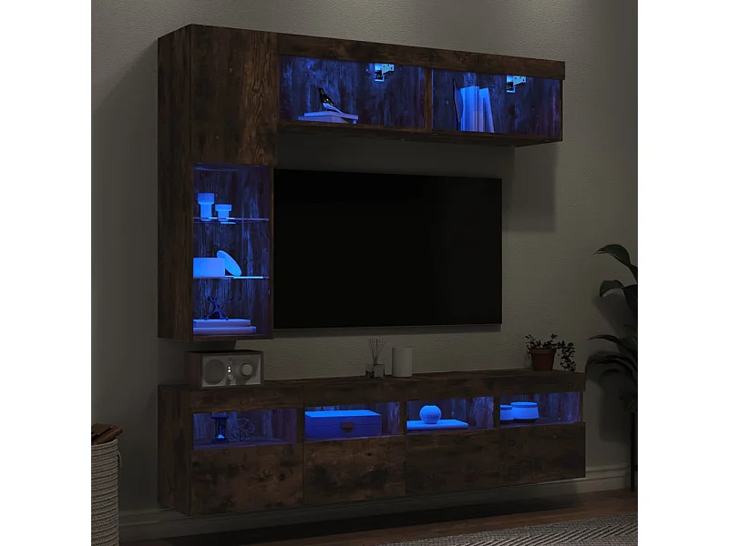 7-tlg. TV-Wohnwand mit LED-Leuchten Räuchereiche