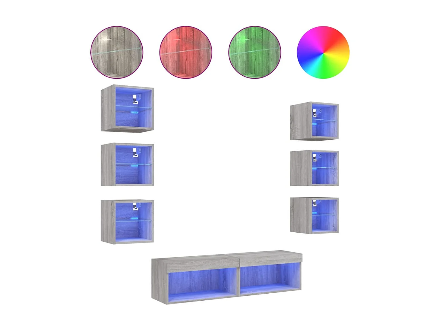 8-delige Tv-wandmeubelset met LED bewerkt hout grijs sonoma