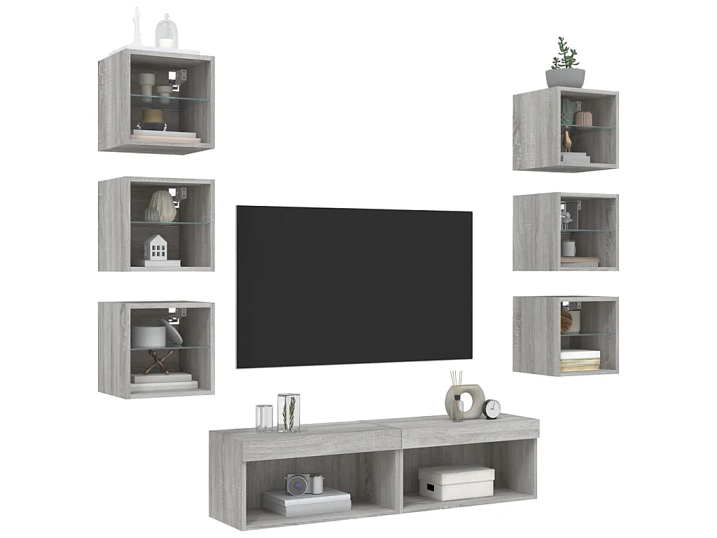 8-delige Tv-wandmeubelset met LED bewerkt hout grijs sonoma