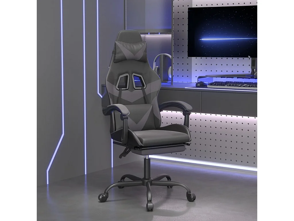 Gamestoel met voetensteun kunstleer zwart en grijs