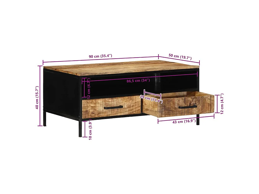 Salontafel Bruin 90 x 50 x 40 cm Massief Mangohout en Metaal