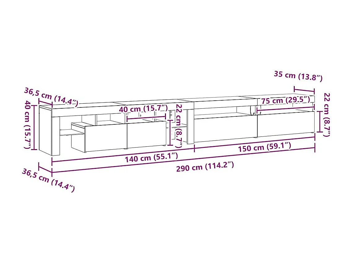 Meuble TV 3 pcs Chêne noir 290 x 36,5 x 40 cm Bois d'ingénierie