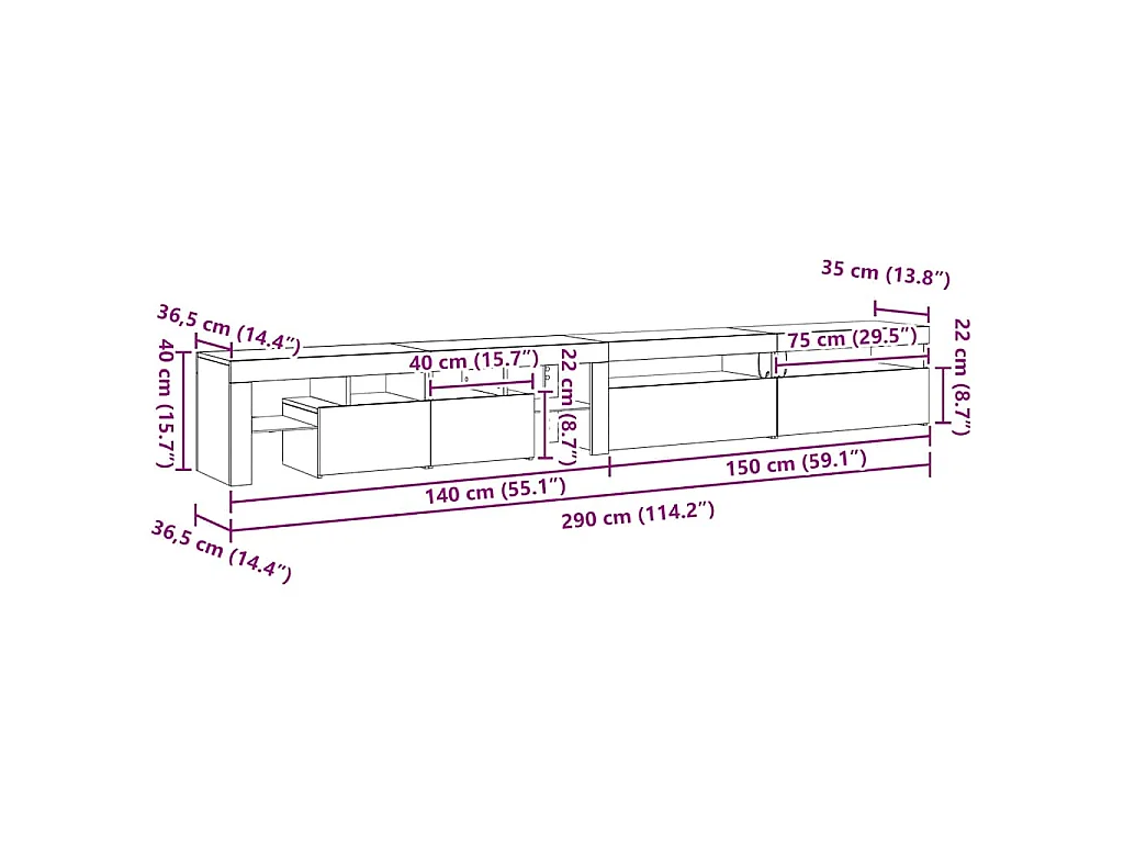 Meuble TV 3 pcs Chêne noir 290 x 36,5 x 40 cm Bois d'ingénierie