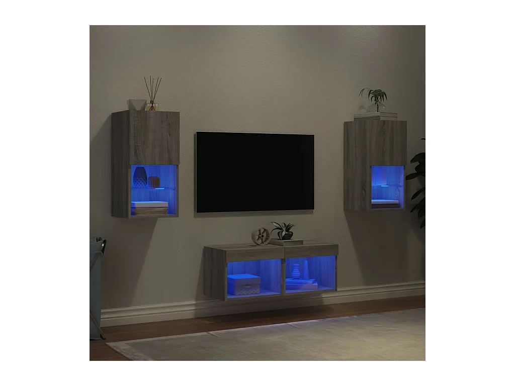 4-tlg. TV-Wohnwand mit LED-Leuchten Grau Sonoma