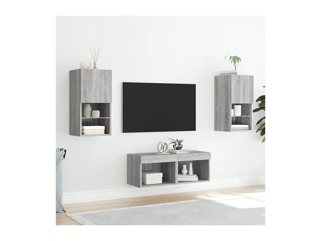 4-tlg. TV-Wohnwand mit LED-Leuchten Grau Sonoma