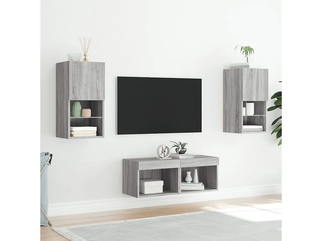 4-tlg. TV-Wohnwand mit LED-Leuchten Grau Sonoma