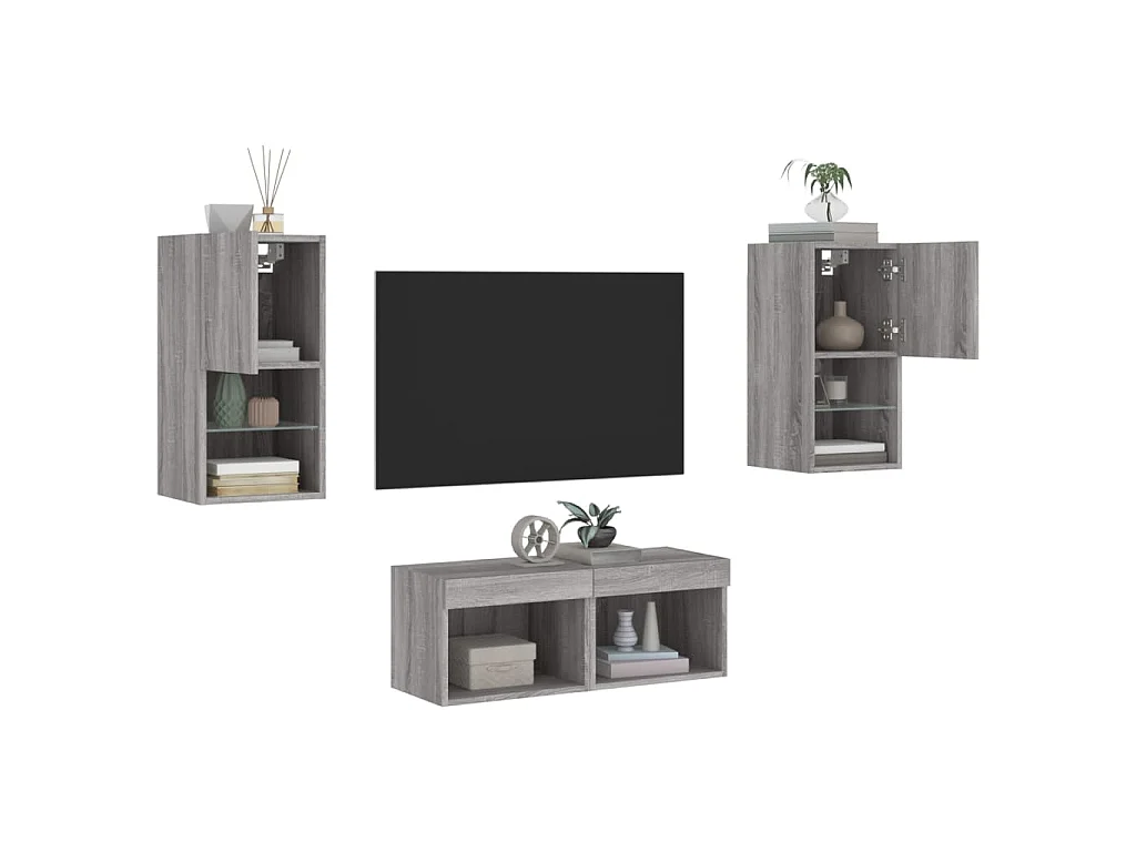 4-tlg. TV-Wohnwand mit LED-Leuchten Grau Sonoma