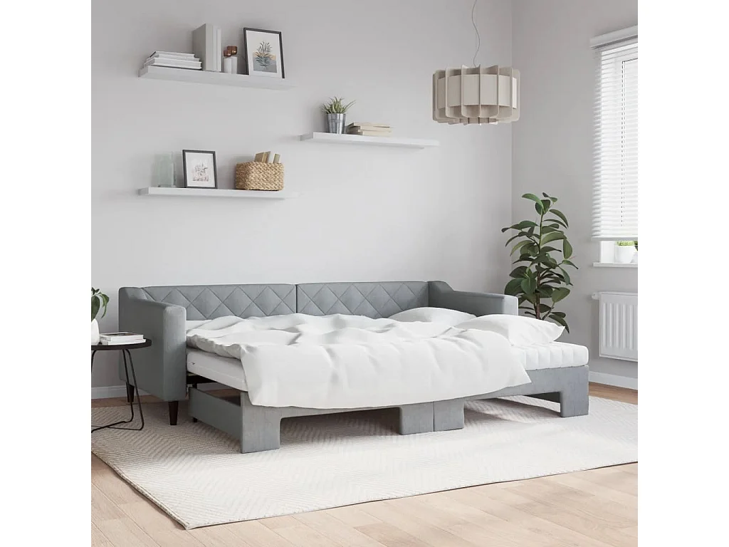 Lit de jour avec gigogne et matelas gris clair 80x200 cm tissu