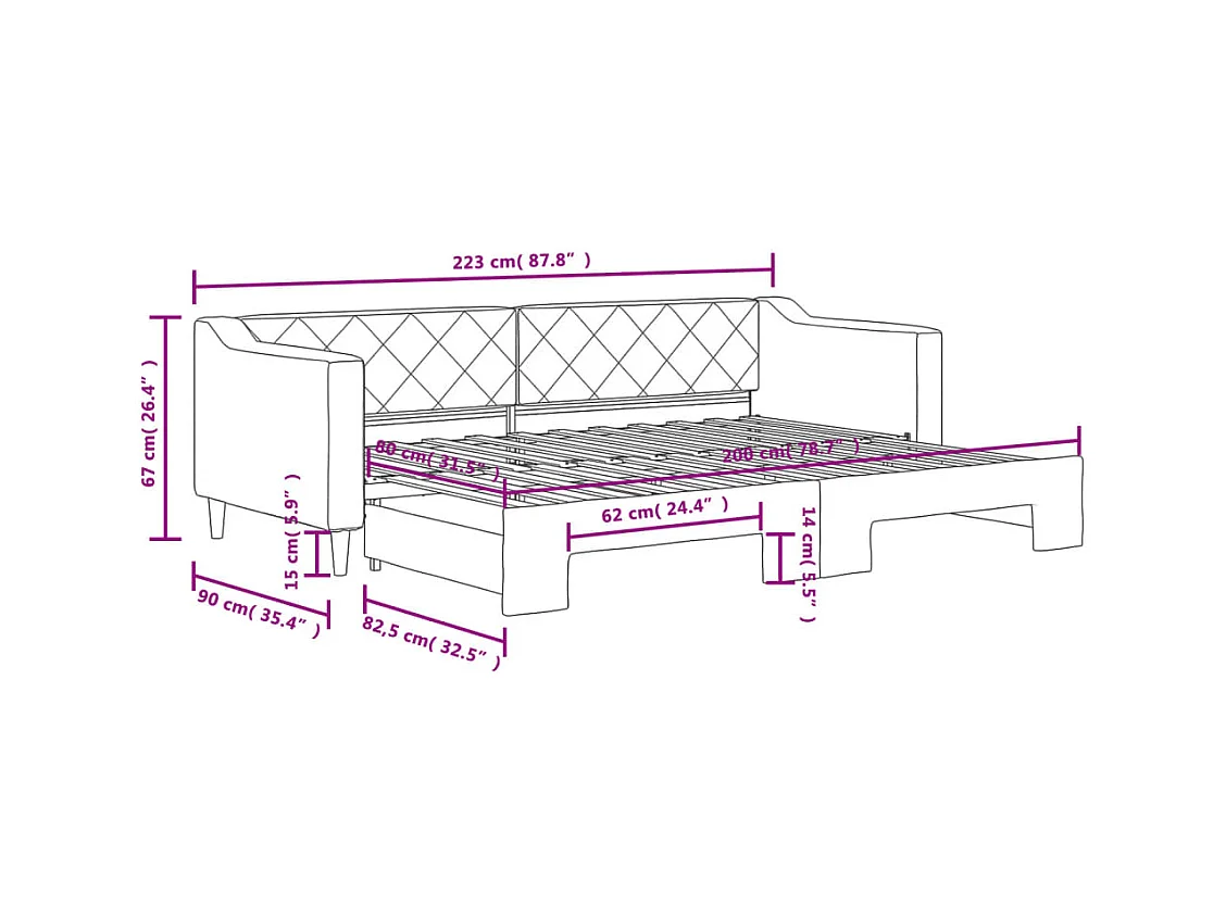 Lit de jour avec gigogne sans matelas gris clair 80x200 cm