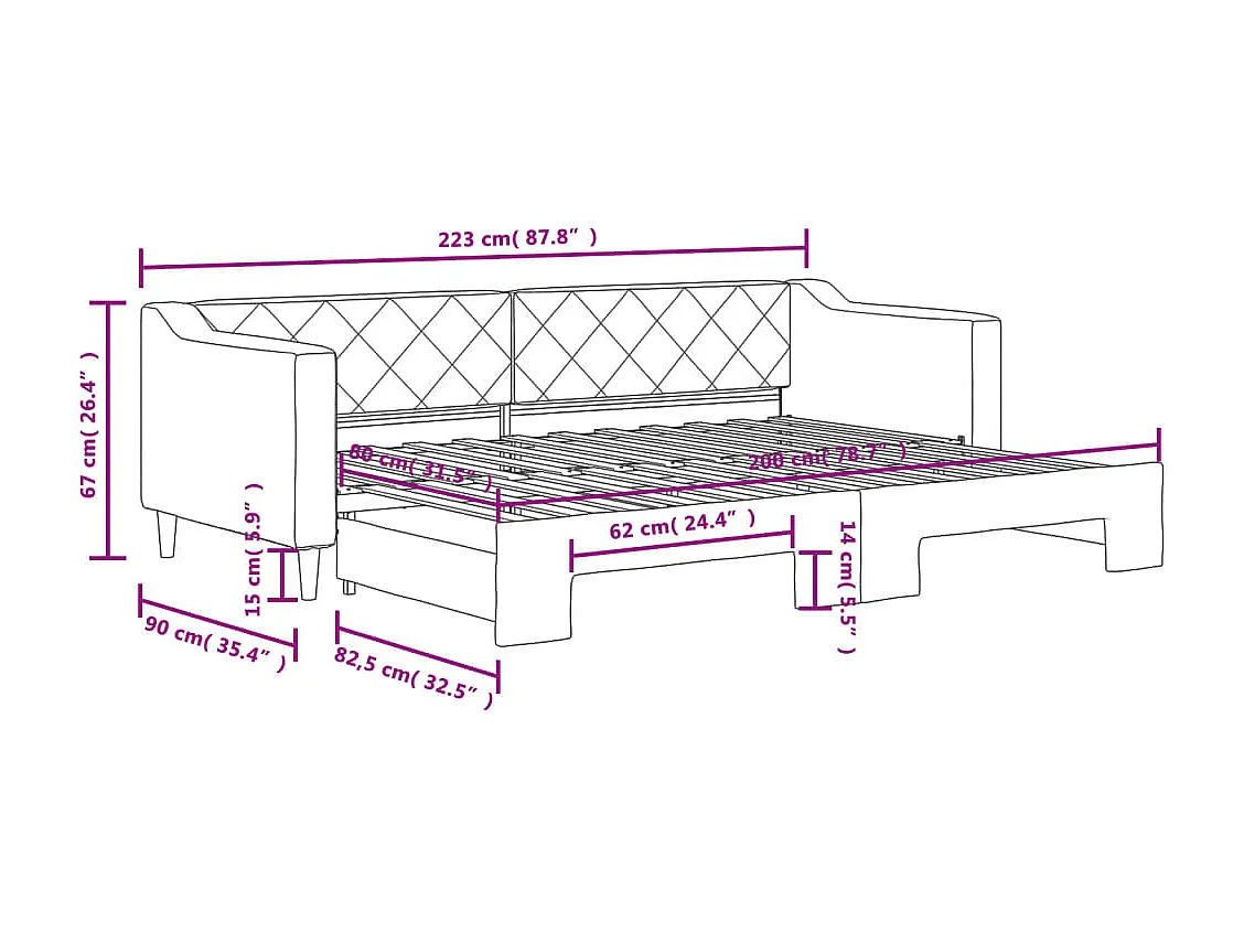 Lit de jour avec gigogne sans matelas gris clair 80x200 cm