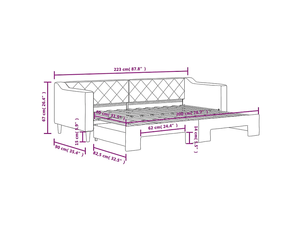 Lit de jour avec gigogne sans matelas gris clair 80x200 cm