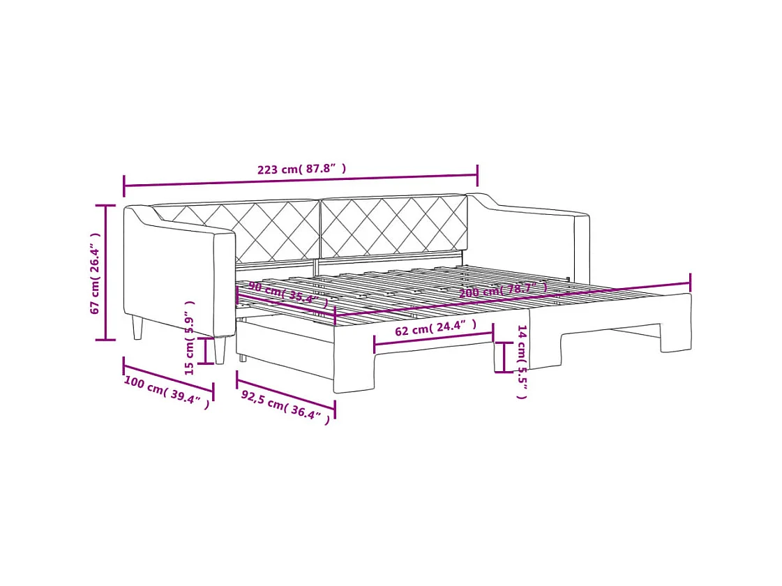 Slaapbank met onderschuifbed 90x200 cm stof lichtgrijs