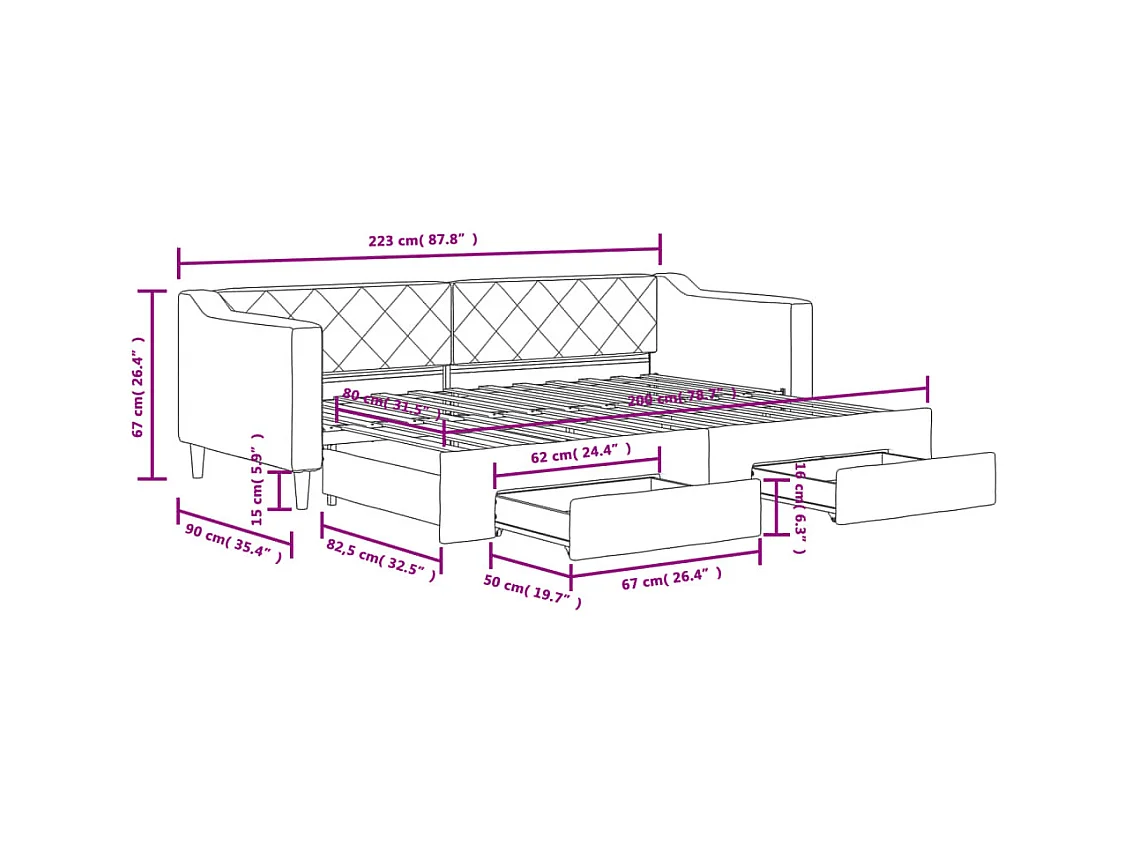 Lit de jour avec gigogne et tiroirs sans matelas 80x200 cm