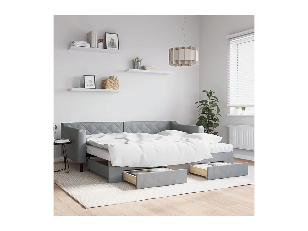 Lit de jour avec gigogne et tiroirs gris clair 90x200 cm tissu