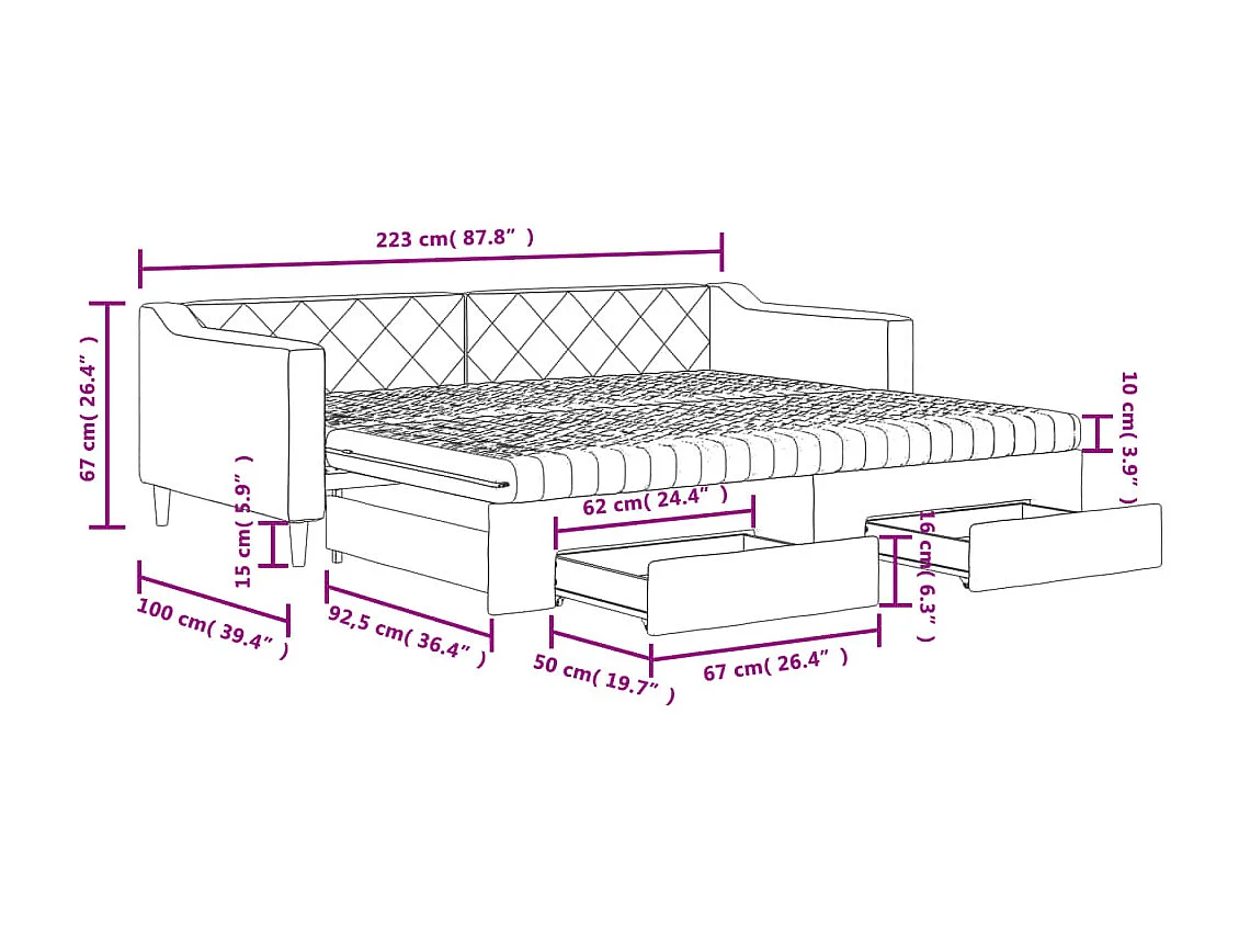 Lit de jour avec gigogne et tiroirs gris clair 90x200 cm tissu