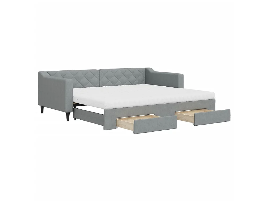 Lit de jour avec gigogne et tiroirs gris clair 90x200 cm tissu