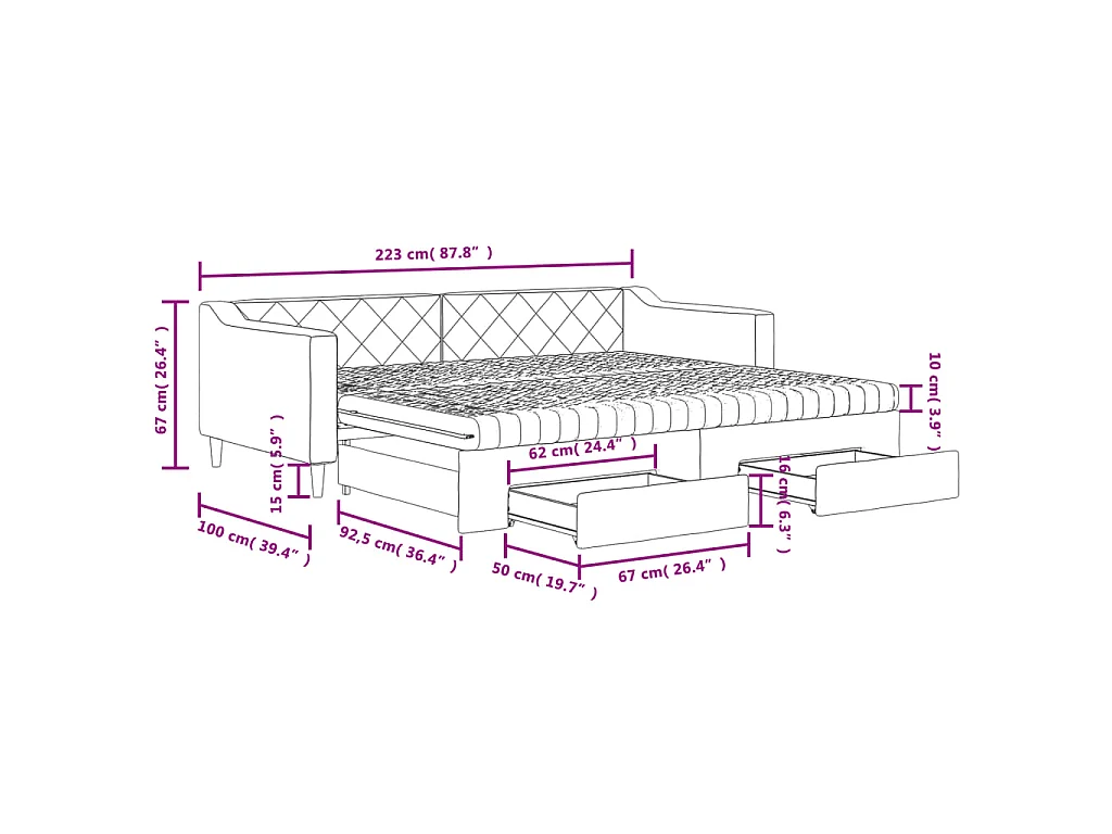 Lit de jour avec gigogne et tiroirs gris clair 90x200 cm tissu