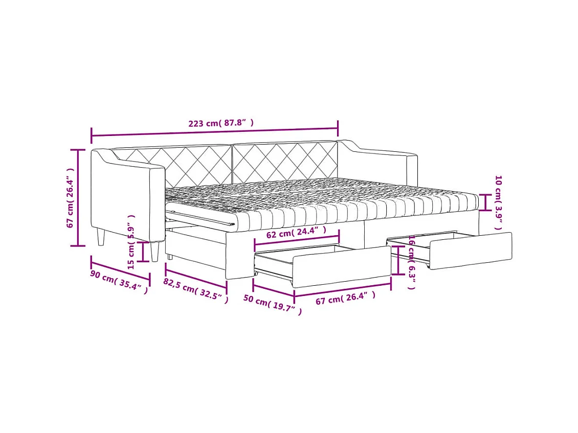 Lit de jour avec gigogne et tiroirs gris clair 80x200 cm tissu