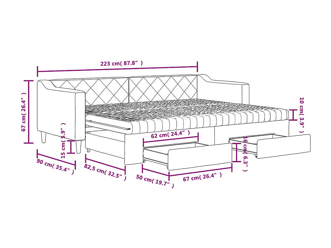 Sofá cama nido con cajones tela gris claro 80x200 cm