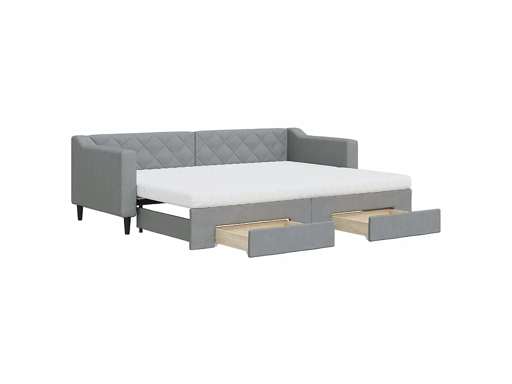 Lit de jour avec gigogne et tiroirs gris clair 80x200 cm tissu