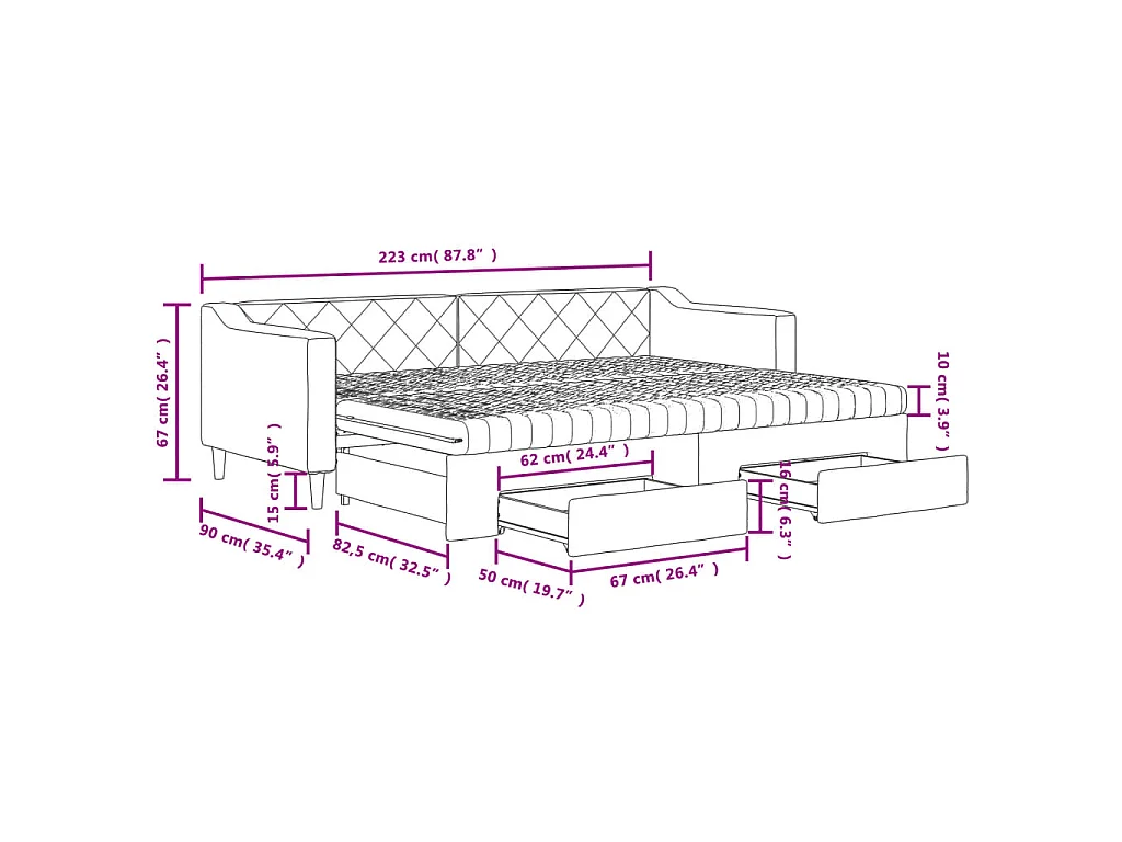 Lit de jour avec gigogne et tiroirs gris clair 80x200 cm tissu