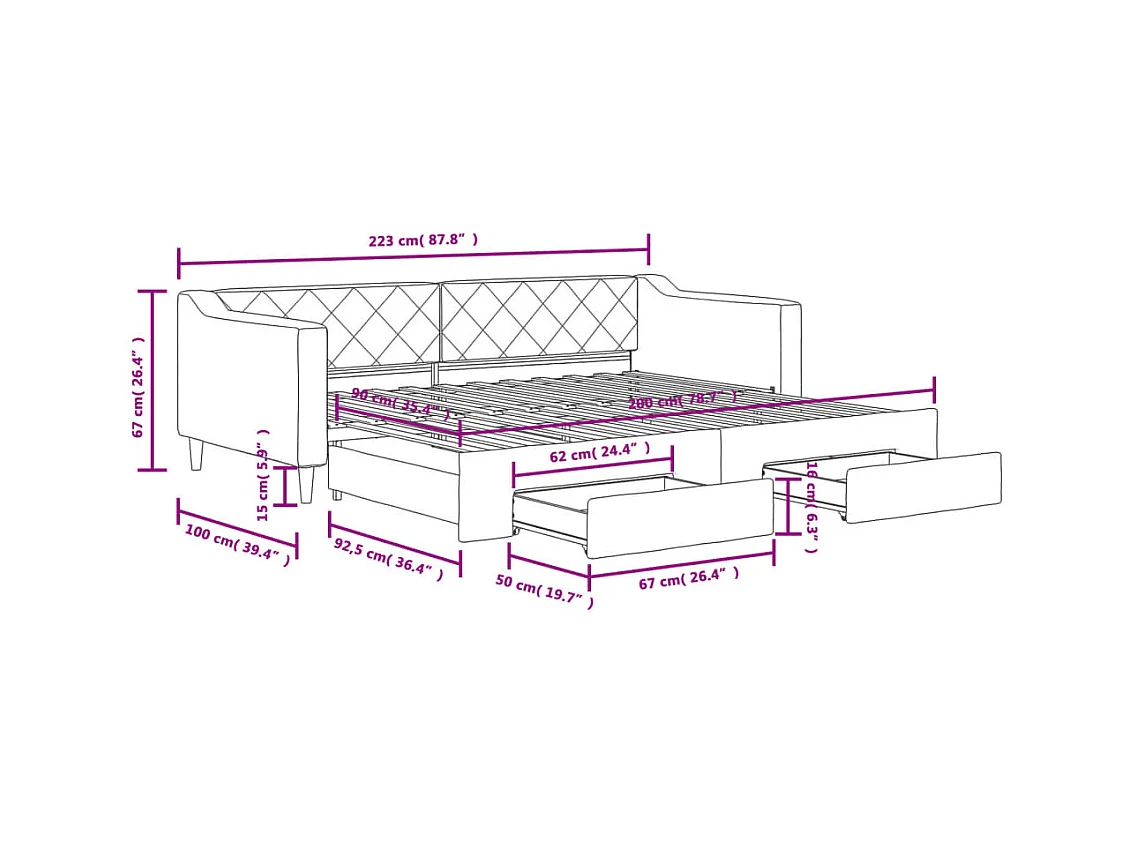 Lit de jour avec gigogne et tiroirs sans matelas 90x200 cm