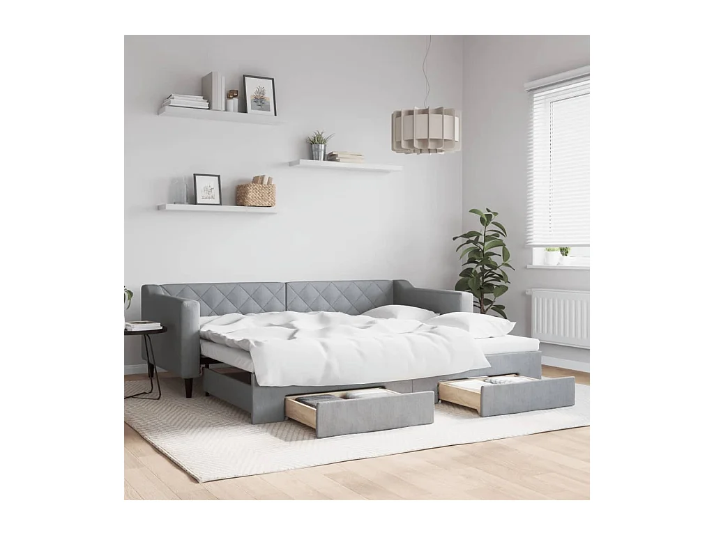 Divano Letto Estraibile Cassetti Grigio Chiaro 90x200cm Tessuto
