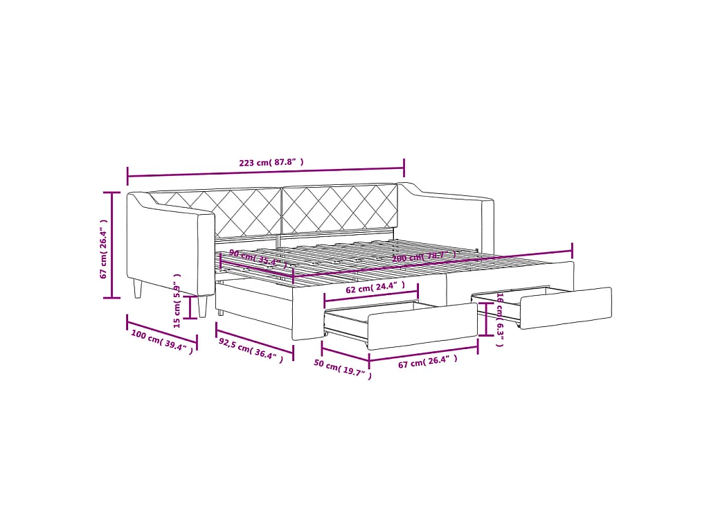 Lit de jour avec gigogne et tiroirs sans matelas 90x200 cm