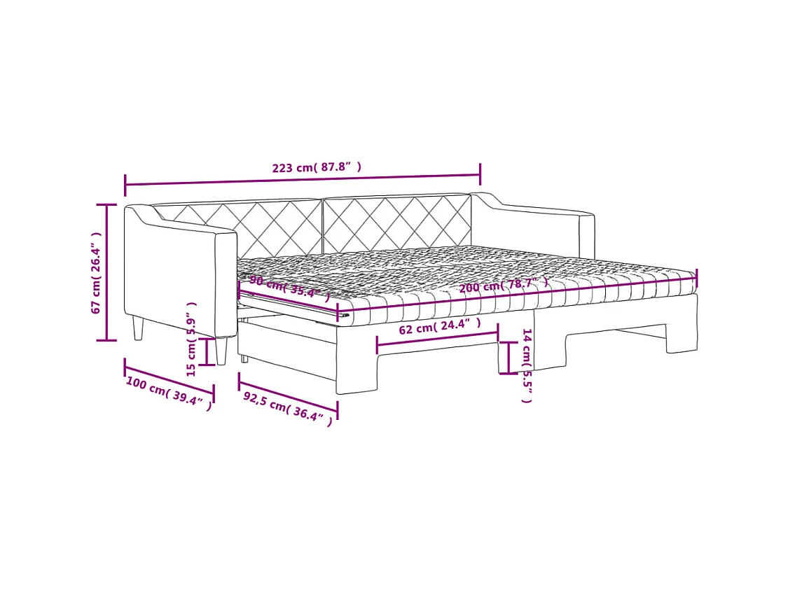 Lit de jour avec gigogne et matelas gris clair 90x200 cm tissu