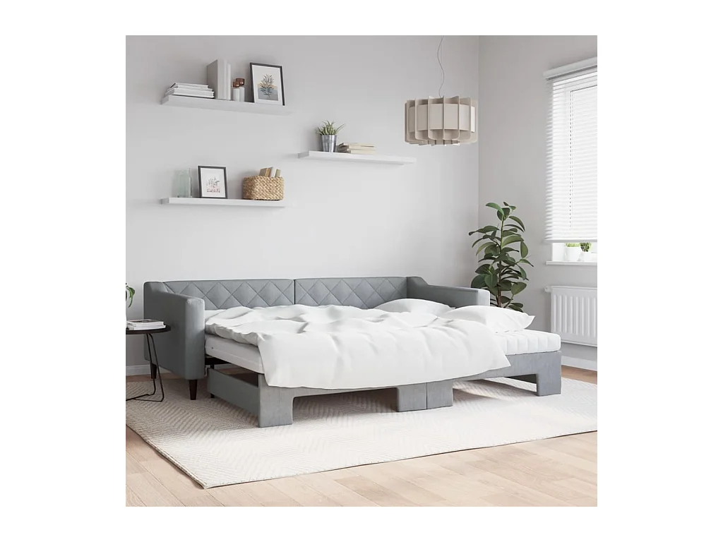 Lit de jour avec gigogne et matelas gris clair 90x200 cm tissu