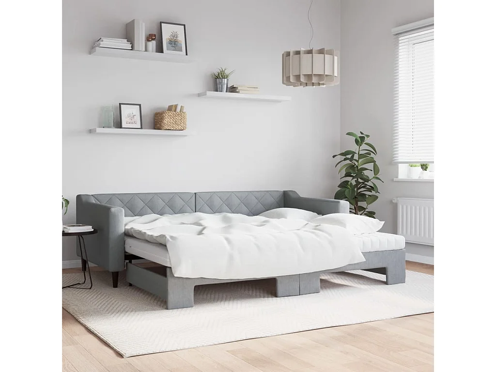 Lit de jour avec gigogne et matelas gris clair 90x200 cm tissu