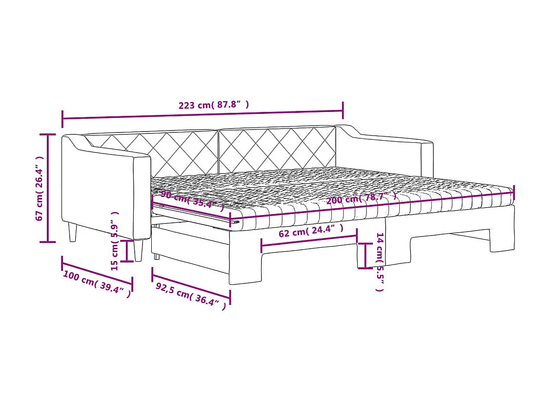 Lit de jour avec gigogne et matelas gris clair 90x200 cm tissu