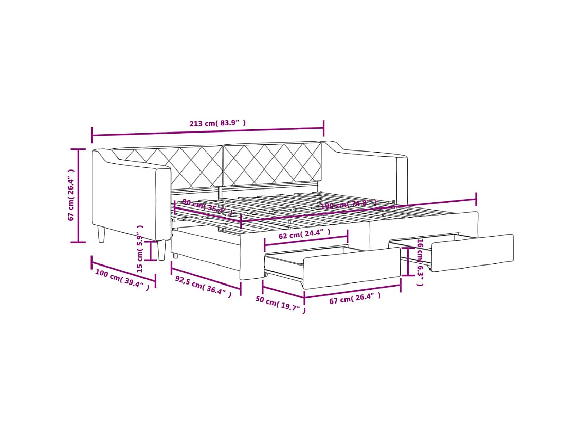 Lit de jour avec gigogne et tiroirs sans matelas 90x190 cm