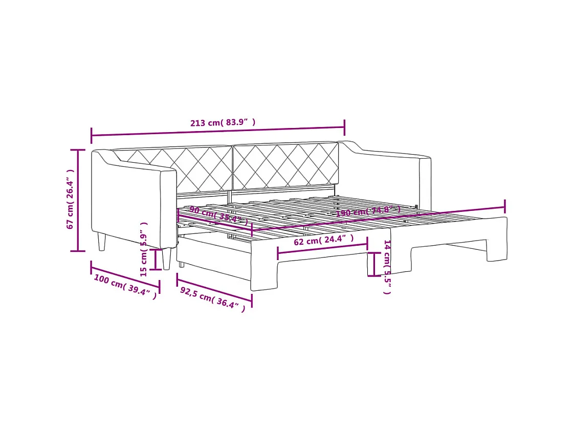 Lit de jour avec gigogne sans matelas gris foncé 90x190 cm