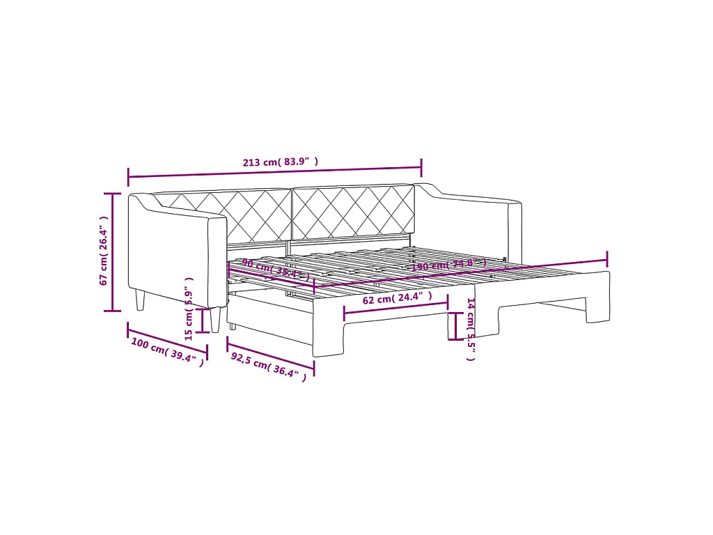 Lit de jour avec gigogne sans matelas gris foncé 90x190 cm