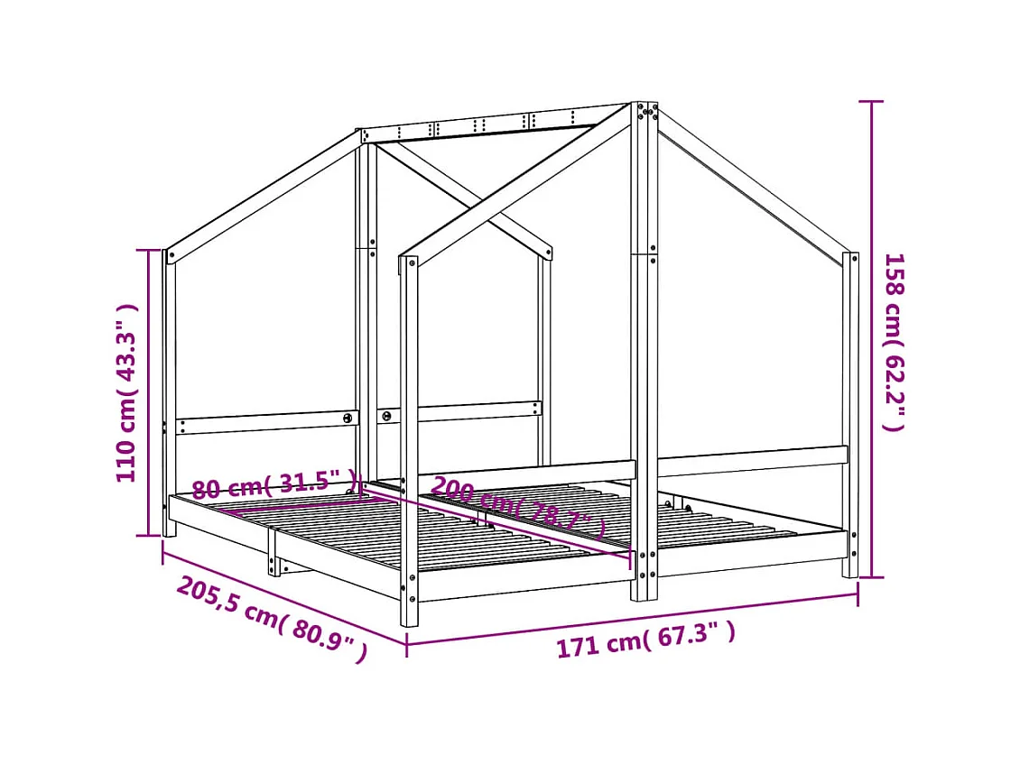 Cadre de lit d'enfant blanc 2x(80x200) cm bois de pin massif