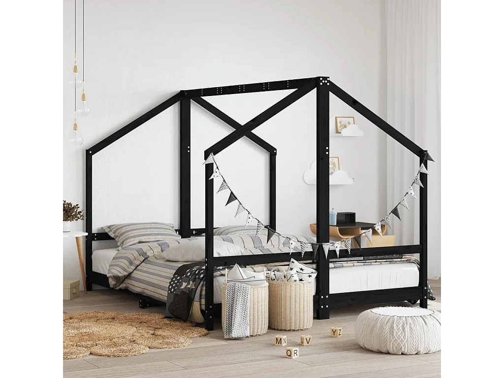 Kinderbett Schwarz 2x(80x200) cm Massivholz Kiefer