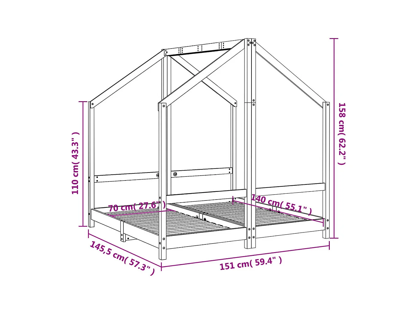 Cadre de lit pour enfant blanc 2x(70x140) cm bois de pin massif