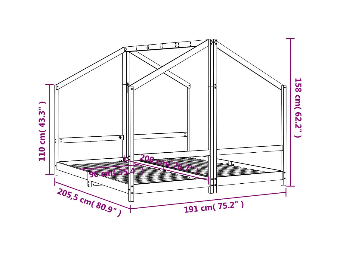 Cadre de lit pour enfants noir 2x(90x200) cm bois de pin massif
