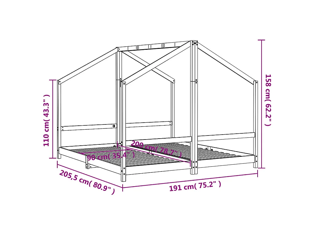 Cadre de lit d'enfant blanc 2x(90x200) cm bois de pin massif