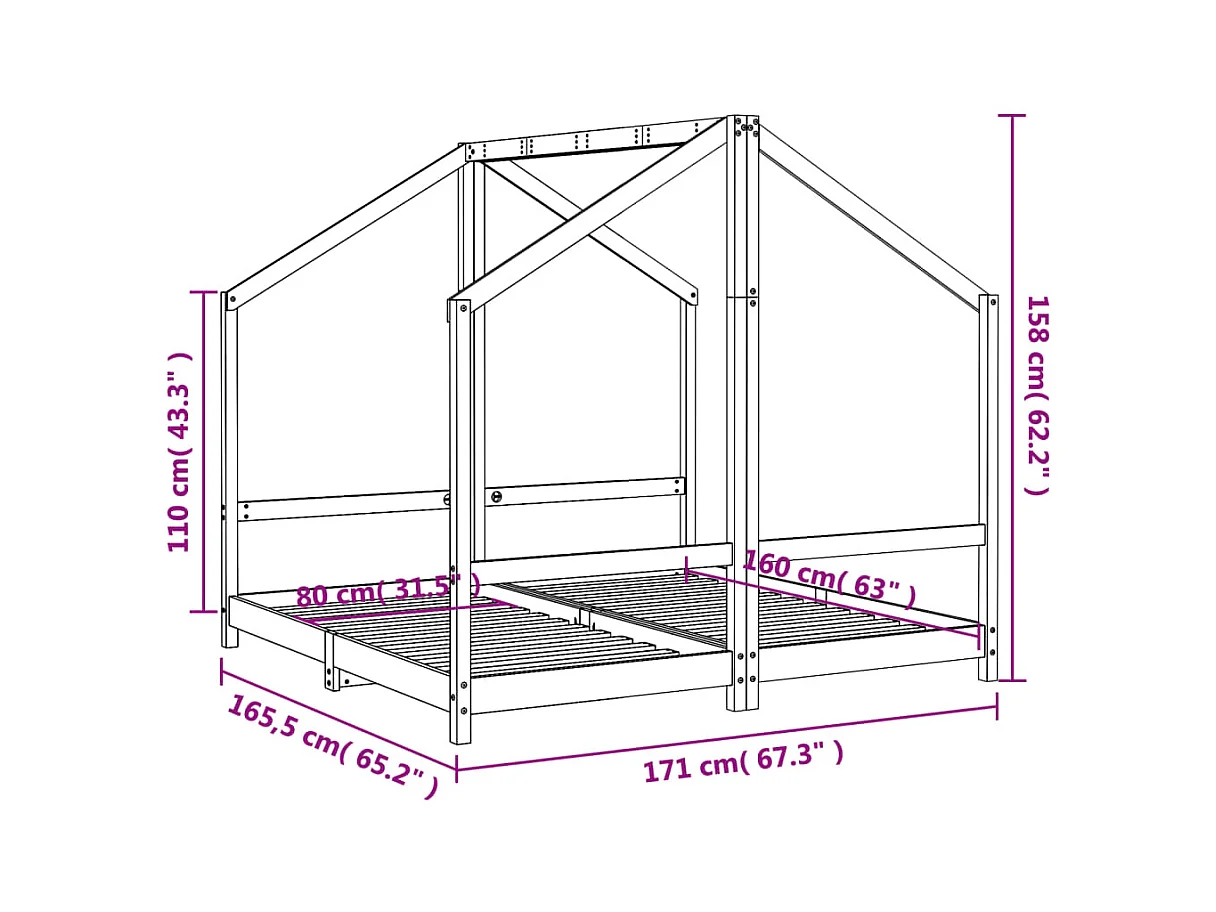 Cadre de lit pour enfant noir 2x(80x160) cm bois de pin massif