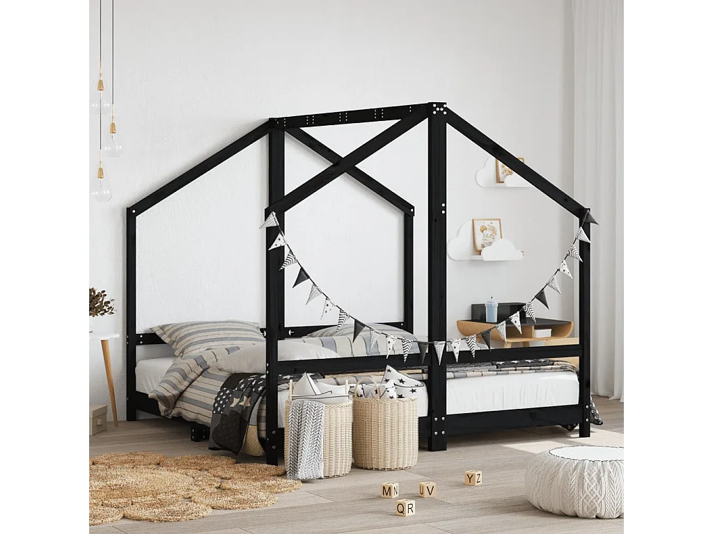 Cadre de lit pour enfant noir 2x(80x160) cm bois de pin massif